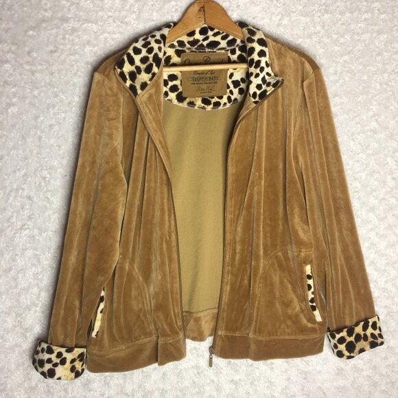 Onque Casuals Cheeta Print Velvet Zipper Up Sweatshirt Size XL - Picture 1 of 6